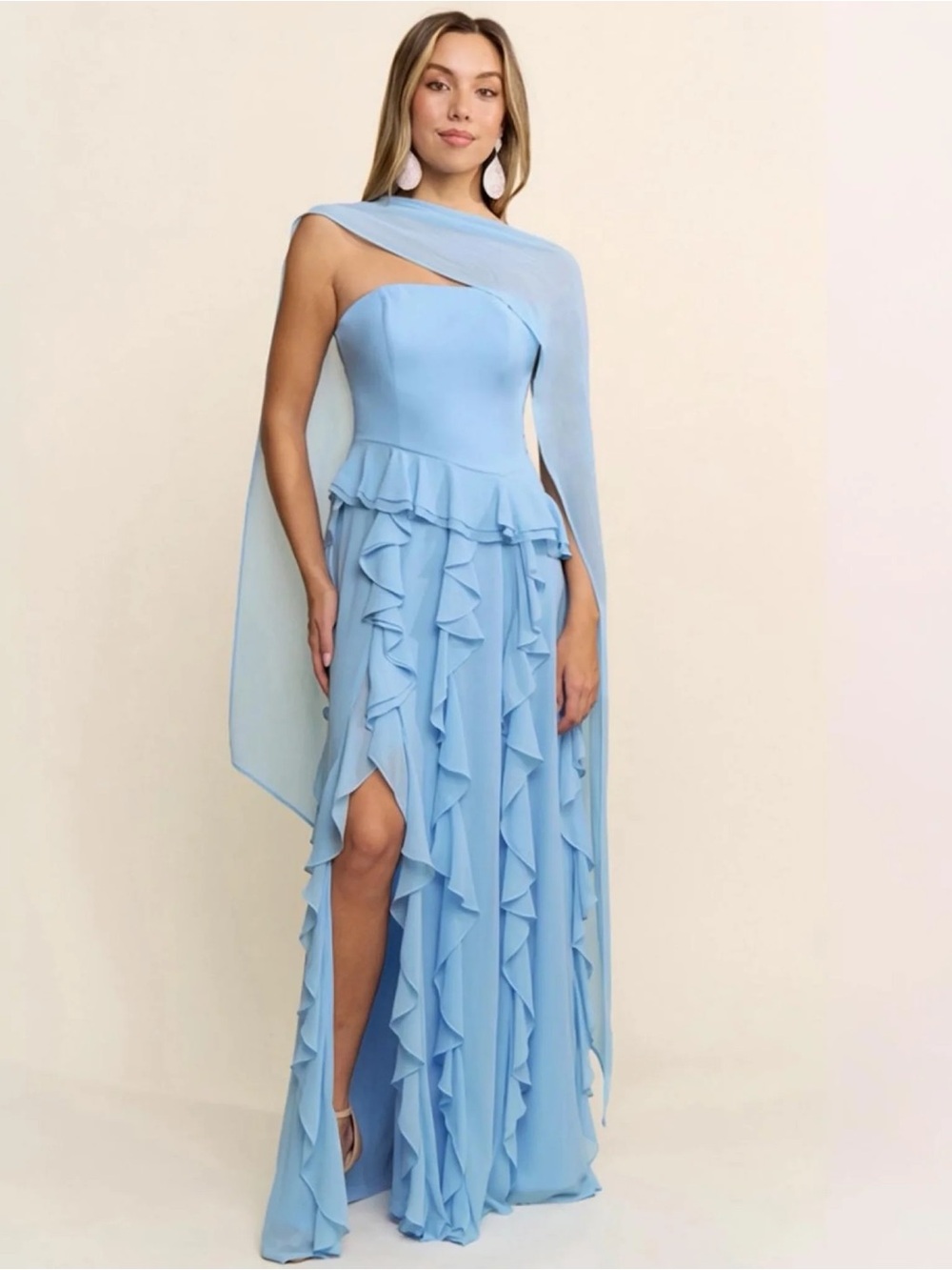 Strapless Sky-Blue Ruffle High-Slit Evening Gown - Picture 2 of 4